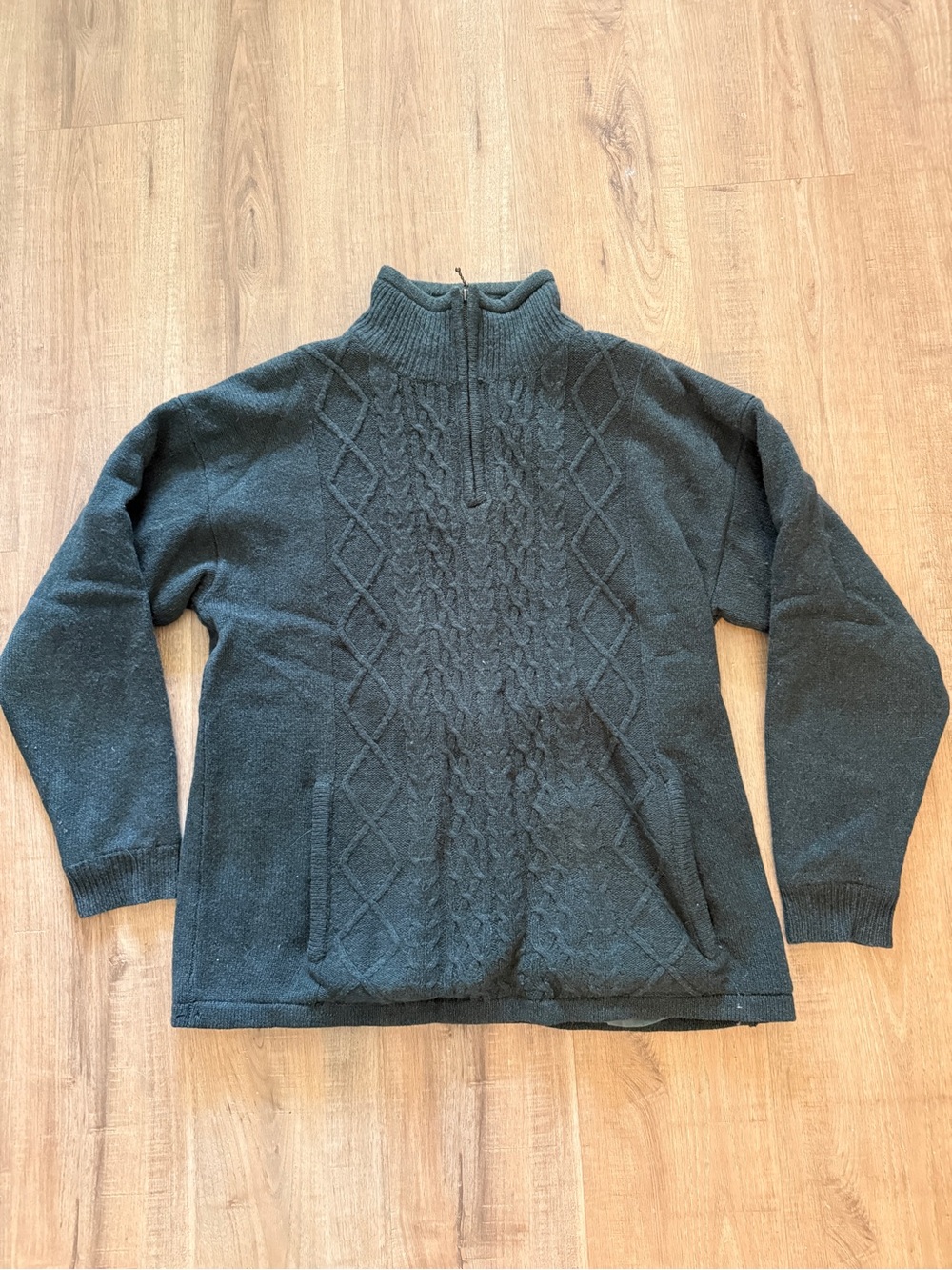 Carraig Donn Men's Quarter Zip Sweater Green Wool Cable Knit Pockets Ireland L